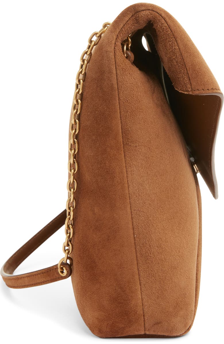 Saint Laurent Extra Large Cassandre Suede Pouch on a Chain, Alternate, color, Caramel Cognac
