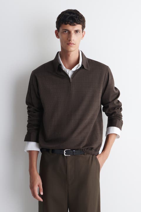 Checked Cotton Jacquard Zip-Up Polo Shirt