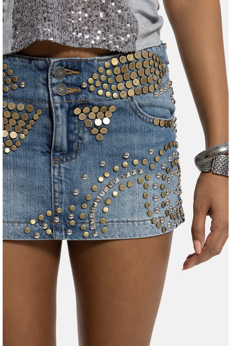 Studded Denim Miniskirt, Alternate, color, BLUE