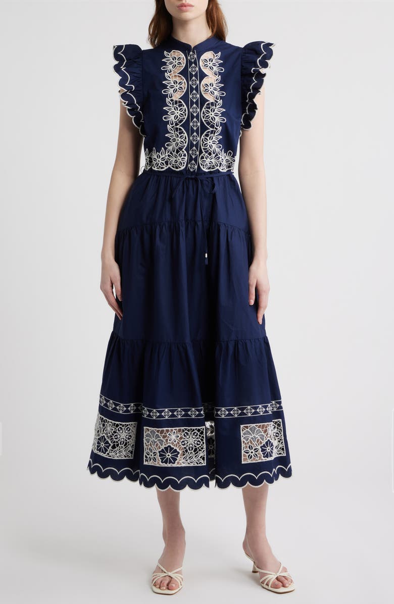 LOVE THE LABEL Romy Embroidered Midi Dress, Main, color, Navy W White Embroidery