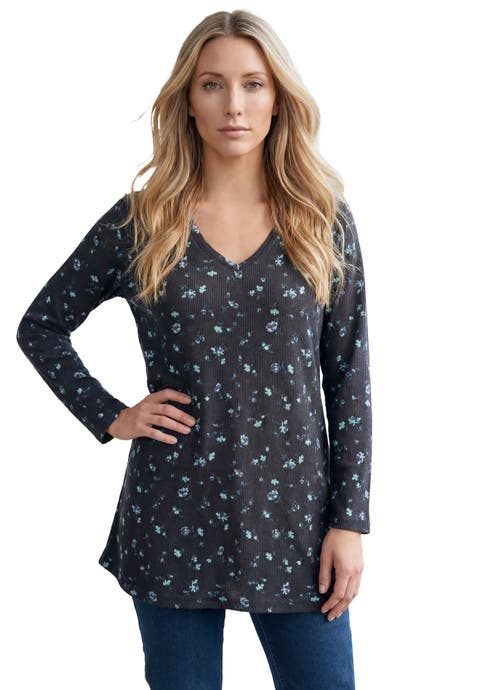 Plus Size Knit Thermal V Neck Swing Tunic Long Sleeve