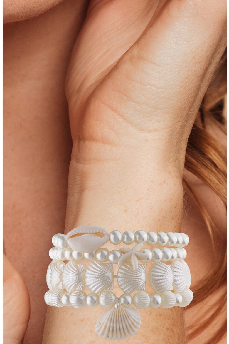 Set of 4 Faux Pearl & Shell Beaded Stretch Bracelets (Nordstrom Exclusive), Alternate, color, WHITE/ SILVER