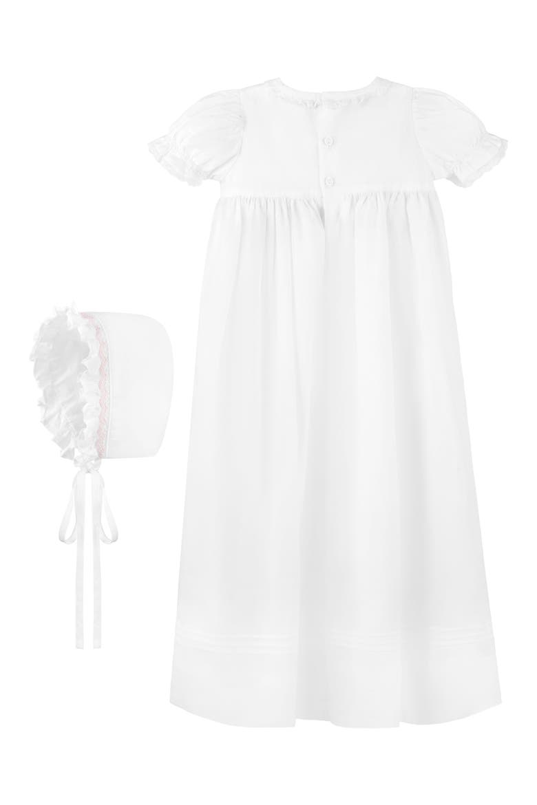 Smocked Christening Gown & Bonnet Set, Alternate, color, WHITE