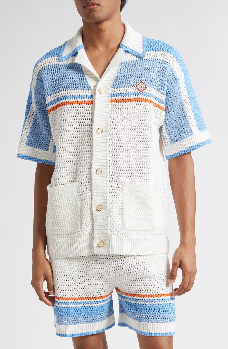 Casablanca Camp Collar Short Sleeve Cotton Crochet Cardigan, Main, color, Blue Multi