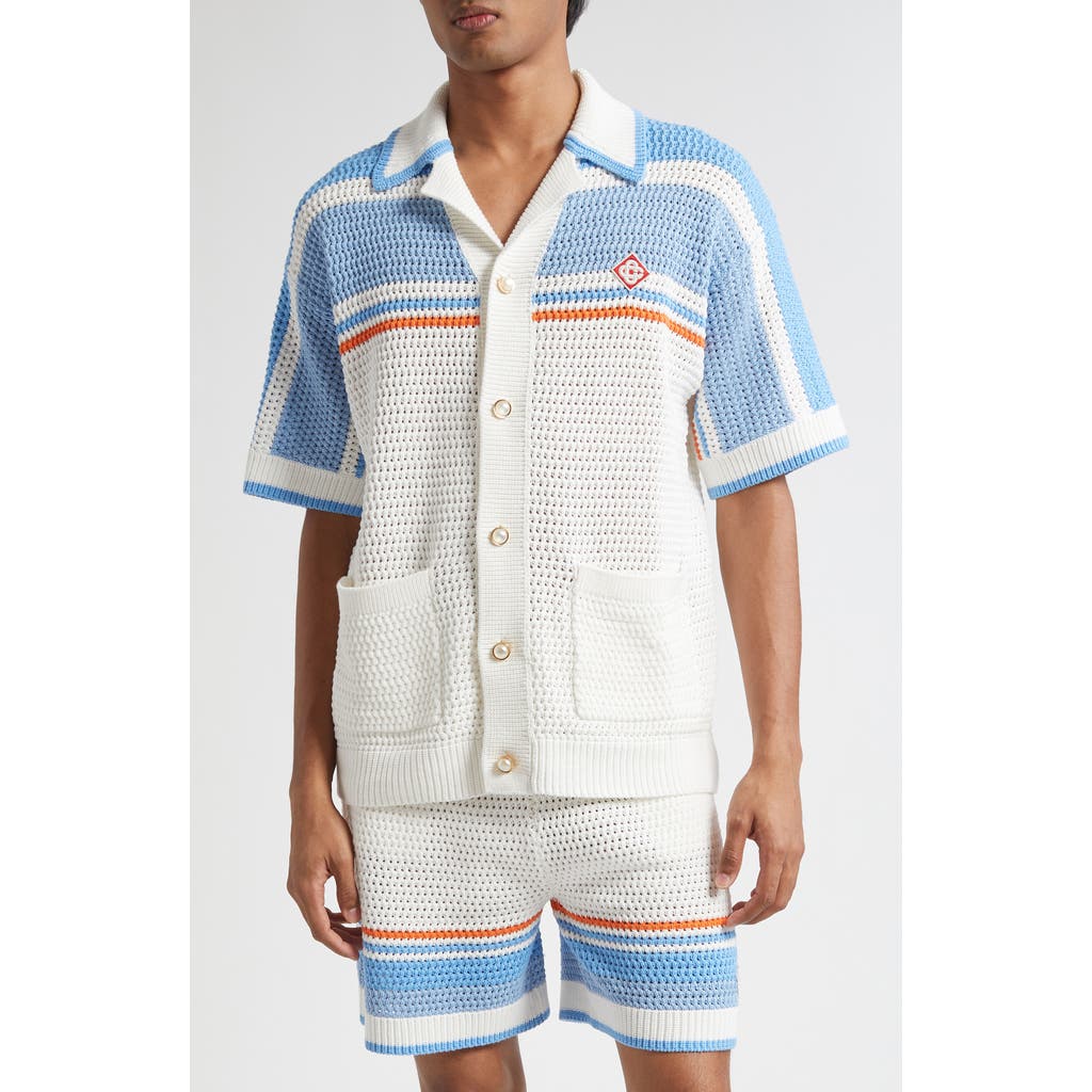 Casablanca Camp Collar Short Sleeve Cotton Crochet Cardigan in Blue Multi  product