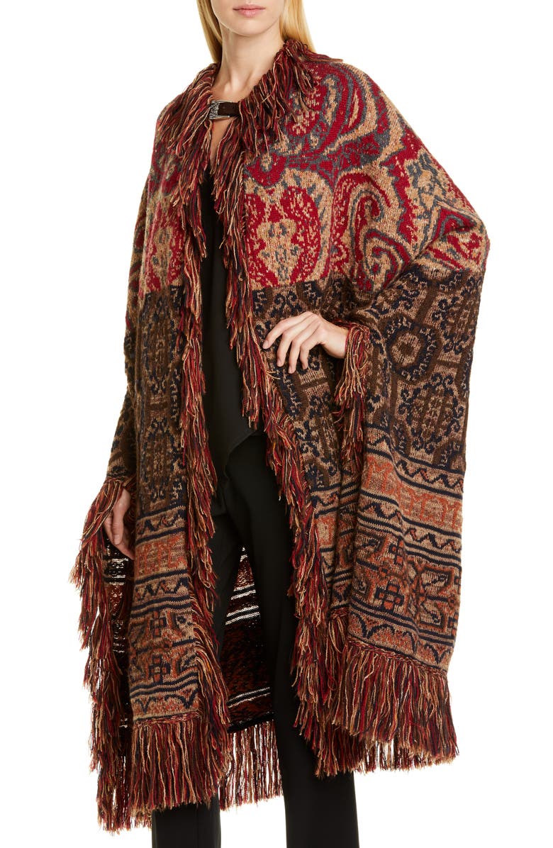 Etro Fringe Wool & Alpaca Blend Jacquard Blanket Cape, Alternate, color, 