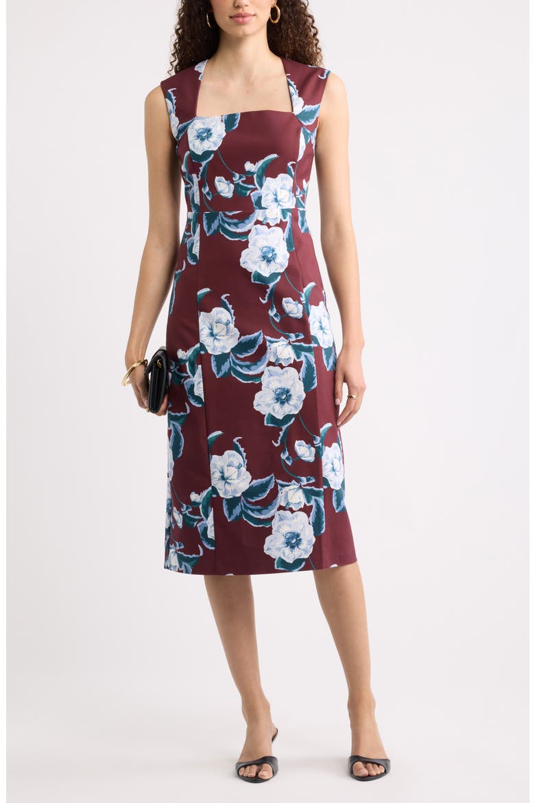 Square Neck Midi Dress, Alternate, color, BURGUNDY- BLUE BLAIRE FLORAL