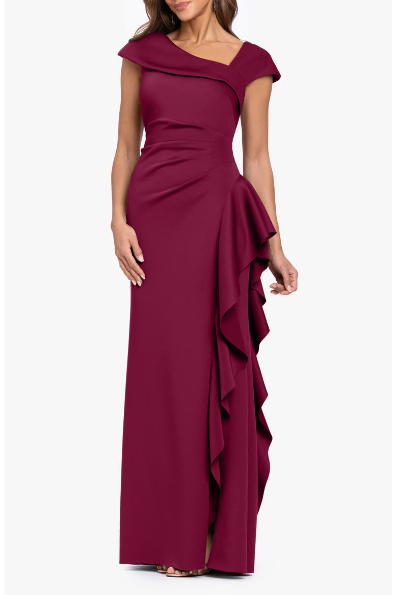 Asymmetric Neck Scuba Knit Trumpet Gown, Alternate, color, WINE