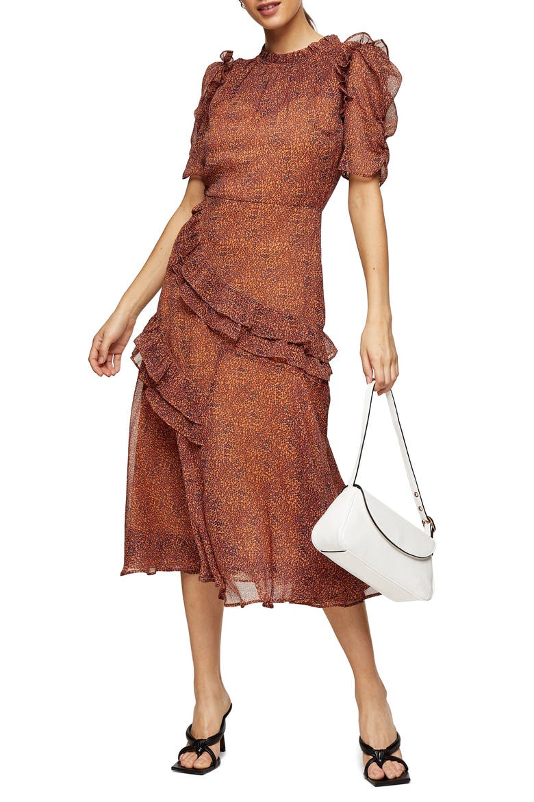 Floral Ruffle Midi Dress, Main, color, ORANGE