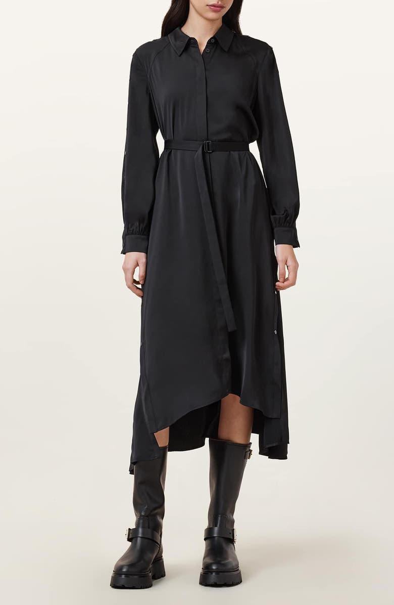 AllSaints Lexi Long Sleeve High-Low Shirtdress, Main, color, Steel Blue