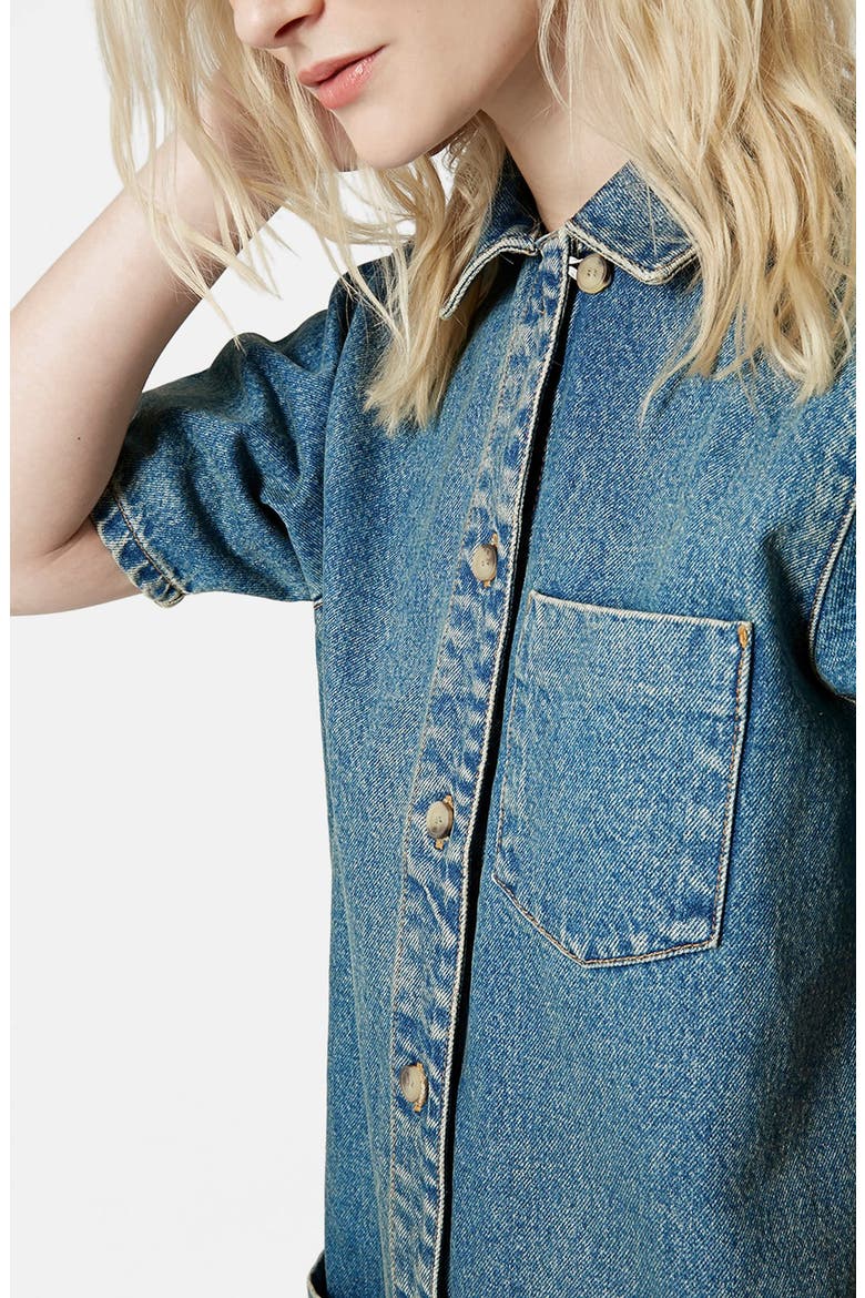 'Angel' Button Front Denim Dress, Alternate, color, MID DENIM