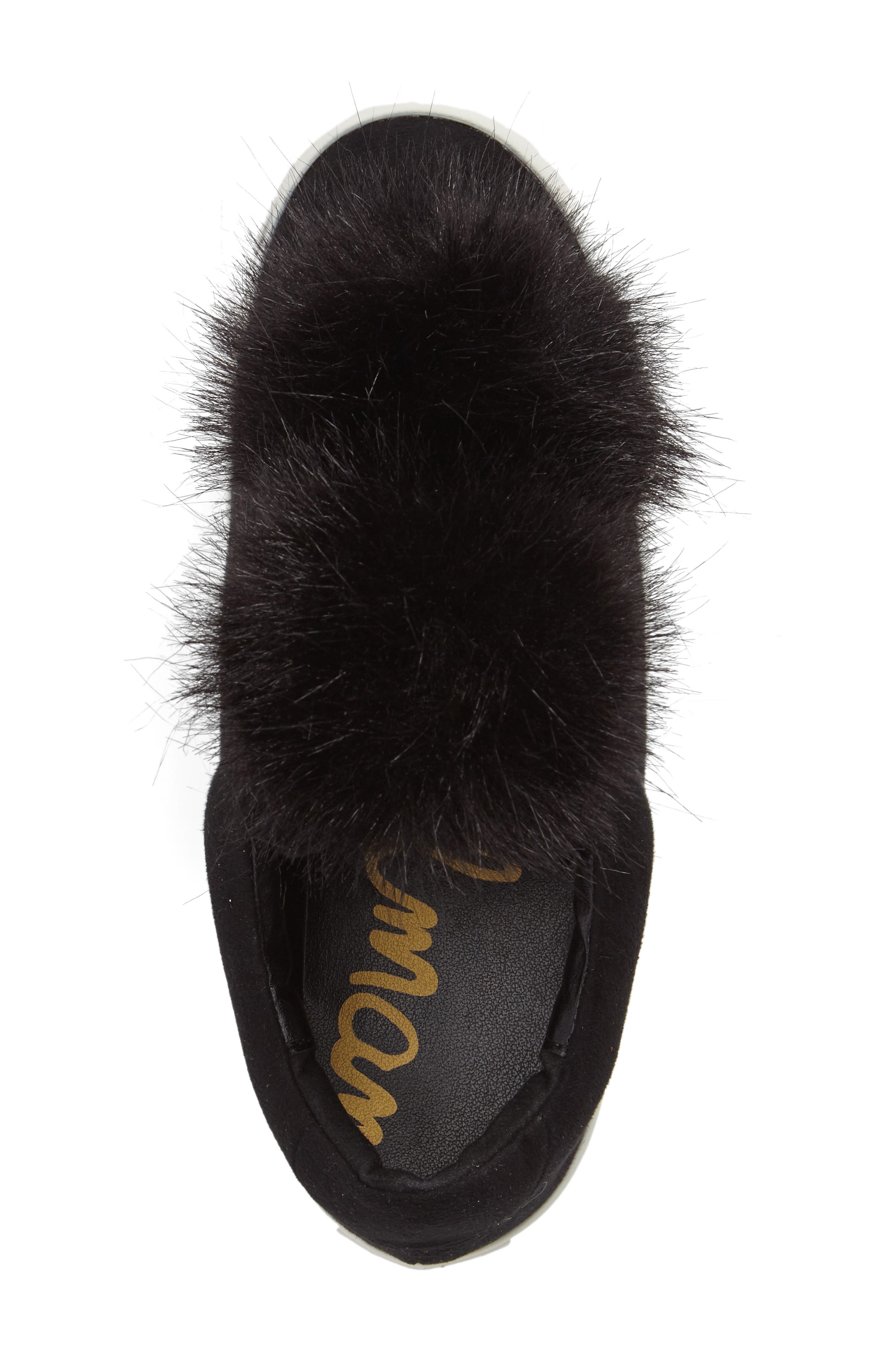 Cynthia Leya Faux Fur Pompom Slip-On Sneaker, Alternate, color, BLACK FAUX LEATHER