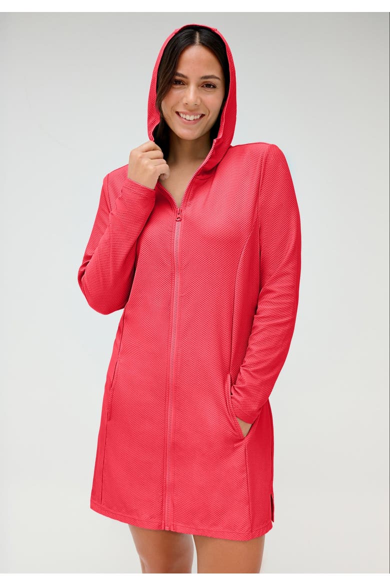 Chlorine Resistant Quick Dry Hoodie Zip Front Cover Up, Alternate, color, Coral Reef