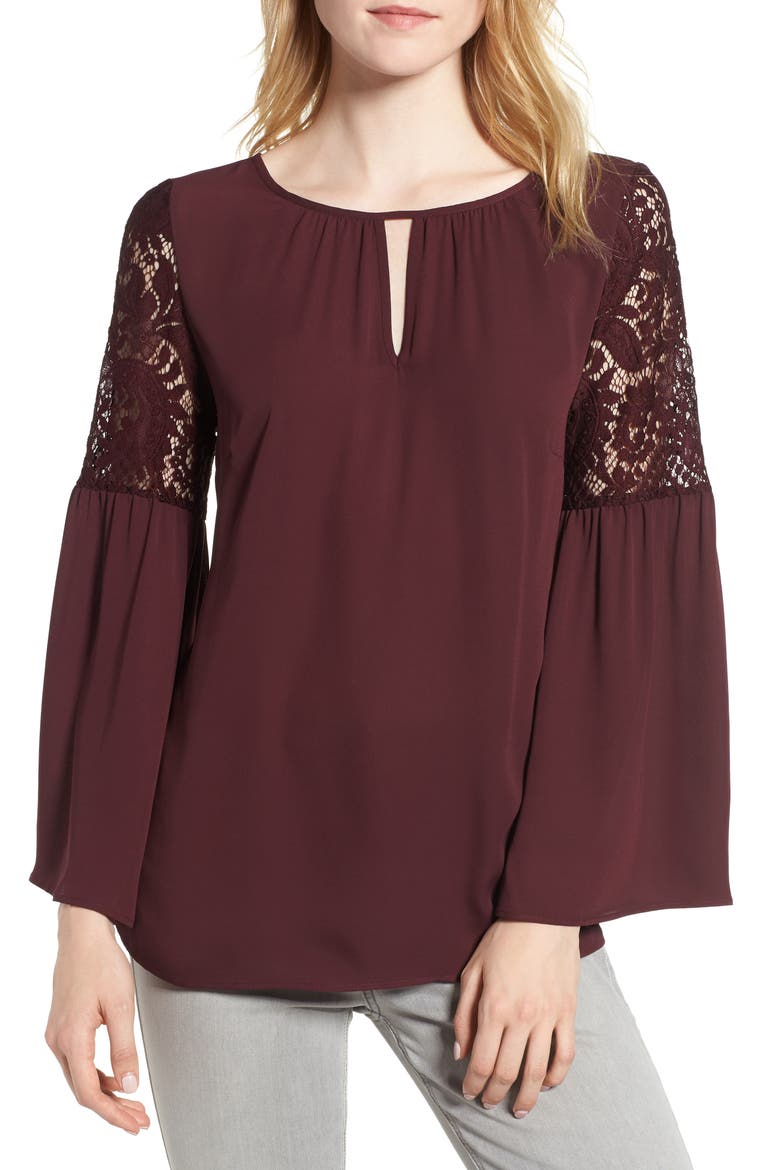 Lace Bell Sleeve Top, Main, color, BURGUNDY STEM