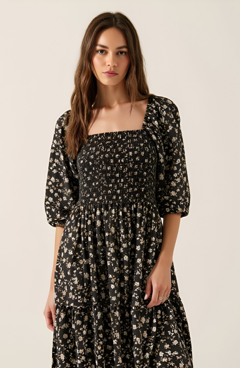 Modenaire Floral Print Woven Midi Dress with Smocked Bodice, Puff Sleeves and Tiered Ruffle Skirt, Alternate, color, 