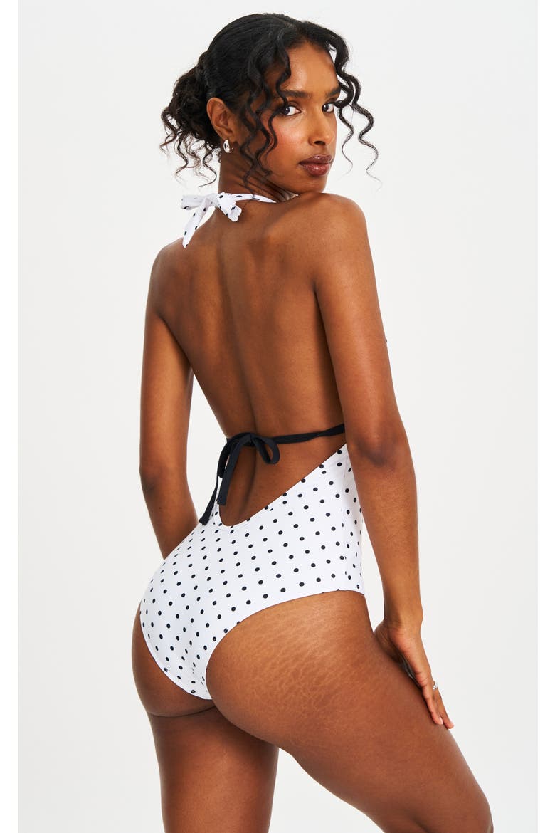 Olive Polka Dot Ruched Breast Halter Backless Swimsuit, Alternate, color, White