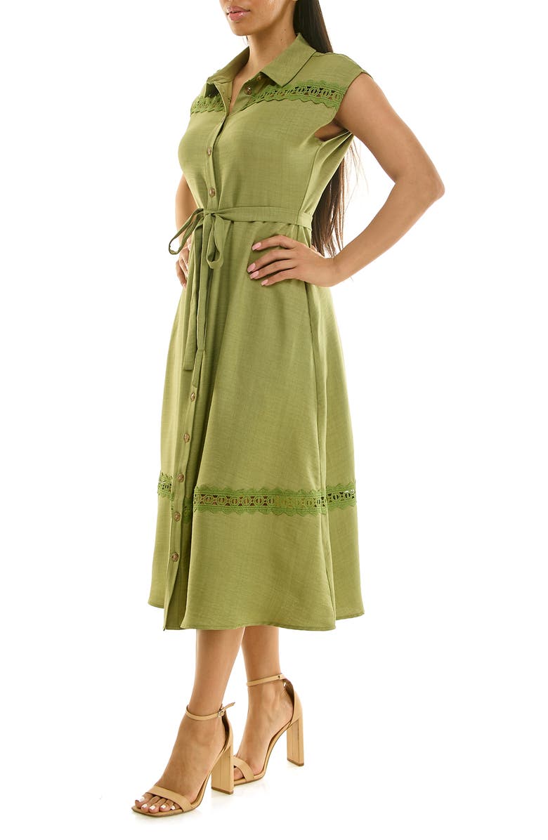 Nina Leonard Cap Sleeve Lace Trim Midi Shirtdress, Alternate, color, Soft Olive