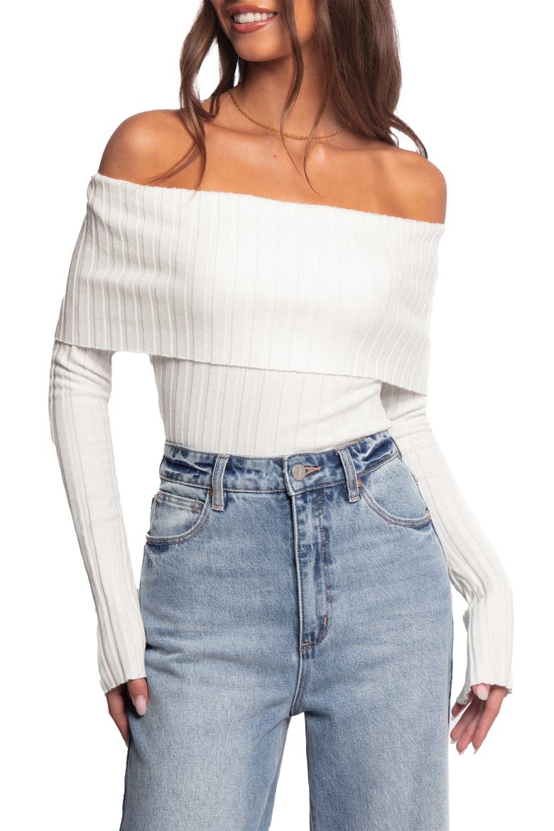Inora Foldover Off the Shoulder Rib Sweater, Main, color, WHITE