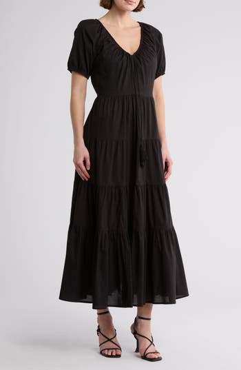 Maisie Short Sleeve Tiered Cotton Midi Dress In Black