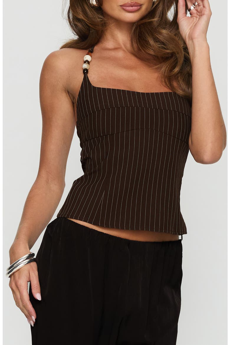 Cherise Bead Detail Halter Top, Main, color, BROWN PINSTRIPE