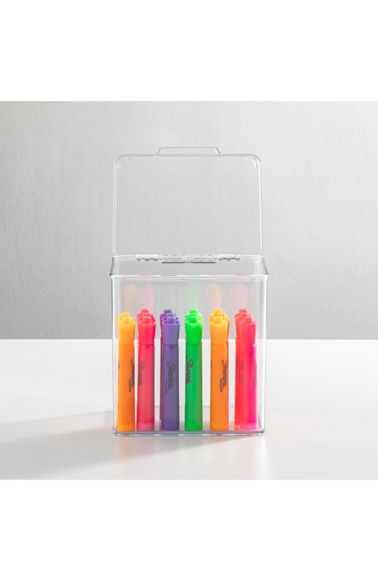 mDesign Plastic Desk Organizer Bin Box, Hinge Lid for Home Office, 4 Pack, Alternate, color,