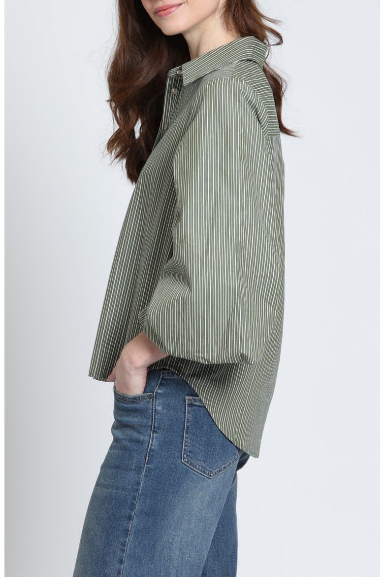 Cotton Bubble Sleeve Button-Up Shirt, Alternate, color, OLIVE DRIFT STRIPE