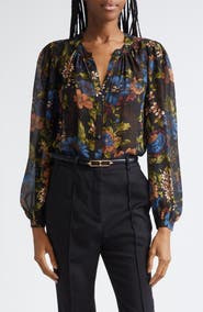 Veronica Beard Ashlynn Floral Pintuck Silk Top