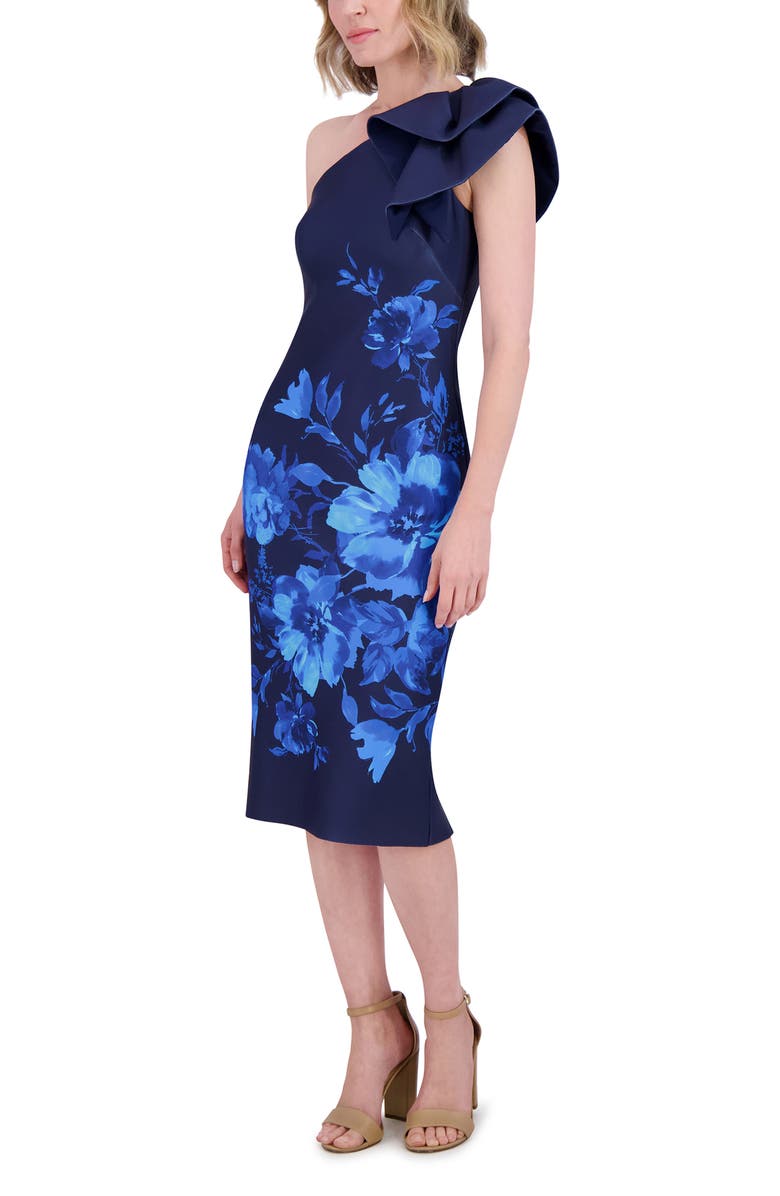 Eliza J Ruffle One-Shoulder Cocktail Dress, Alternate, color, Navy Cobalt