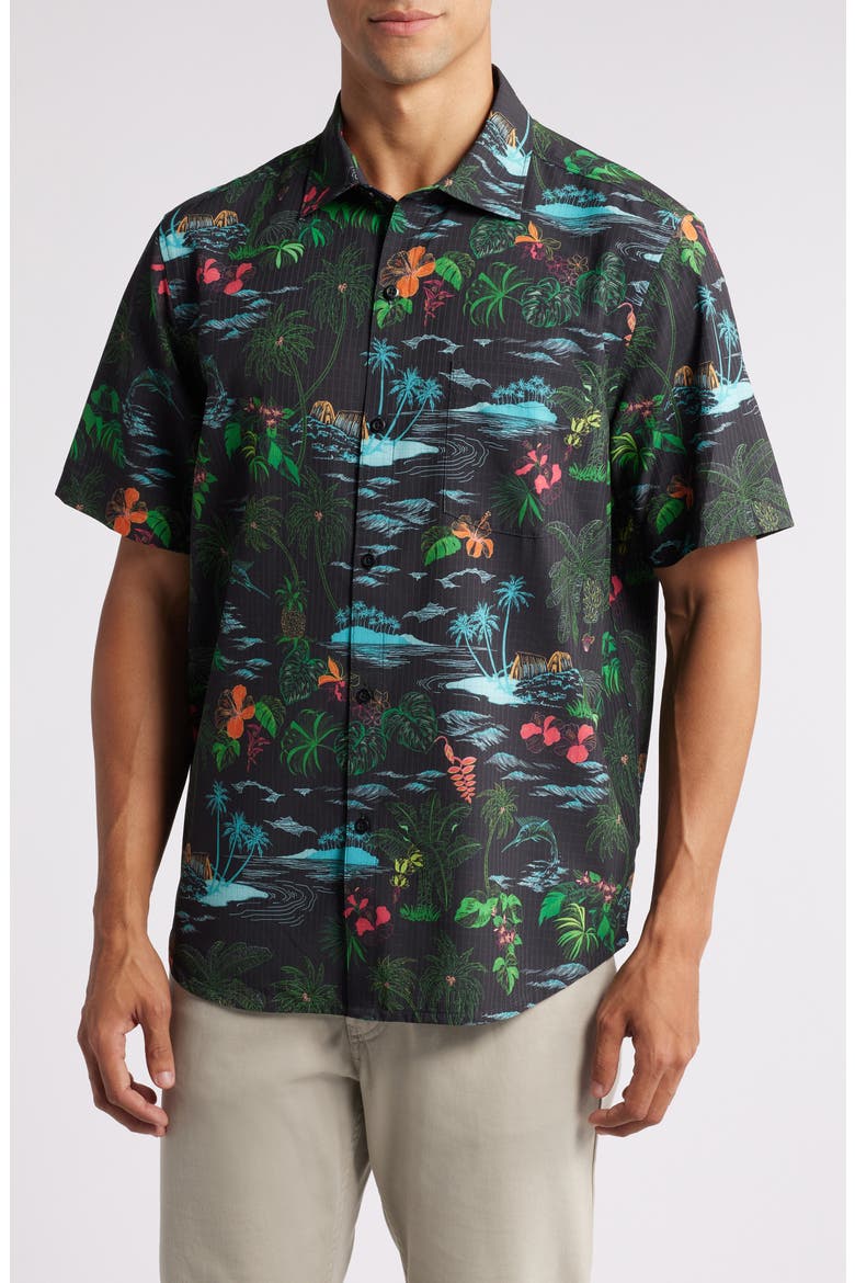 Bahama Coast Neon Shores IslandZone® Short Sleeve Performance Button-Up Shirt, Main, color, BLACK