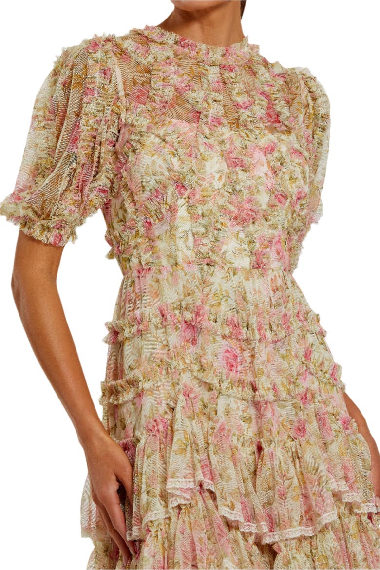 Elegant High Neck Midi Dress in Printed Mesh with Lace Accents, Alternate, color, Ivory Multi