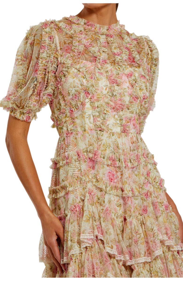 Mac Duggal Elegant High Neck Midi Dress in Printed Mesh with Lace Accents, Alternate, color, Ivory Multi