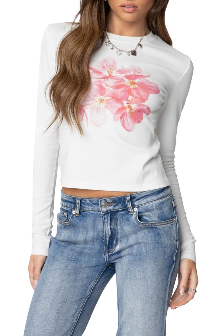 Blossom Long Sleeve Stretch Cotton T-Shirt, Main, color, WHITE