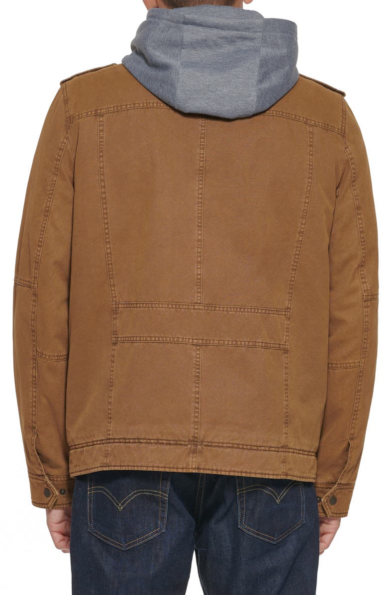 Levi's<sup>®</sup> Washed Cotton Faux Shearling Lined Hooded Military Jacket, Alternate, color, Brown