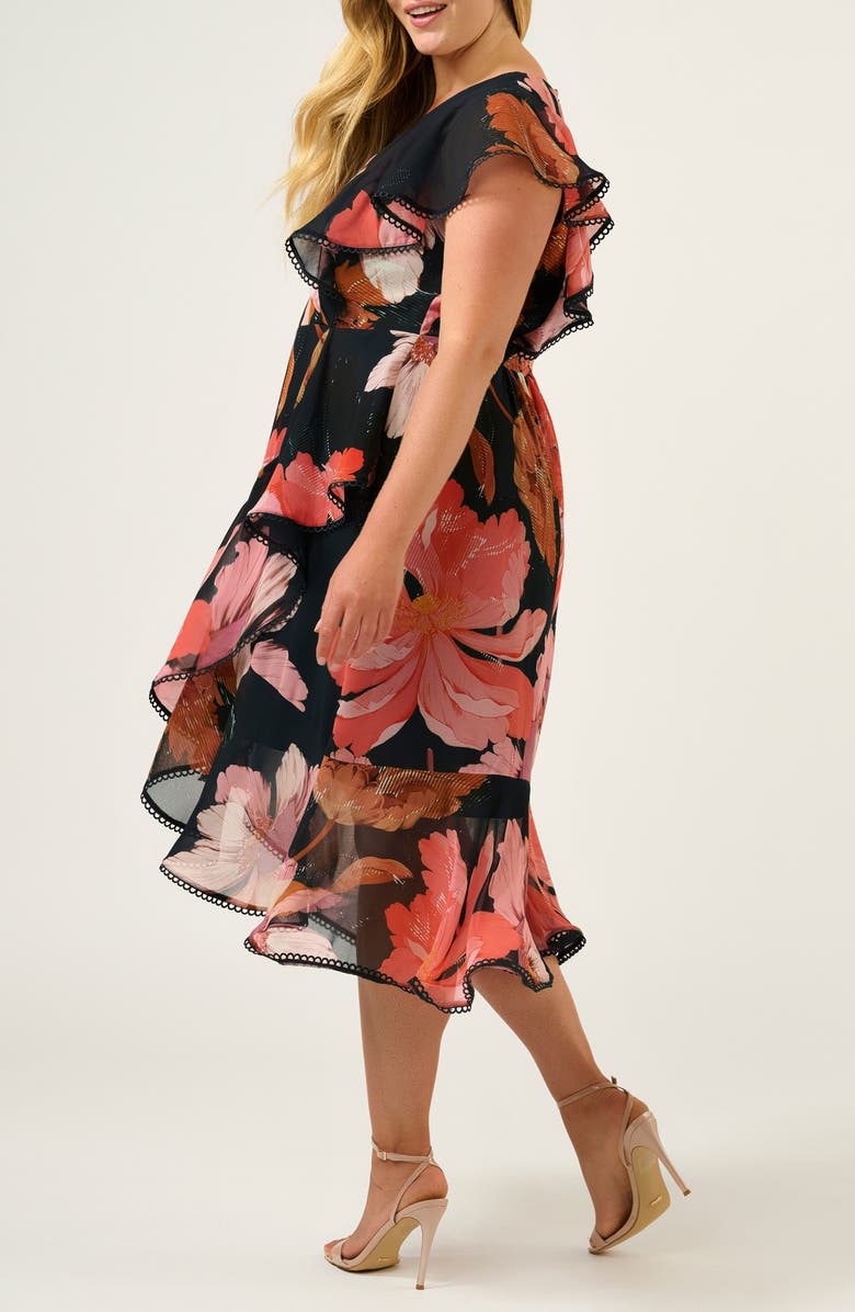 Estelle Elena Flutter Sleeve Midi Dress, Alternate, color, Navy/ Peony