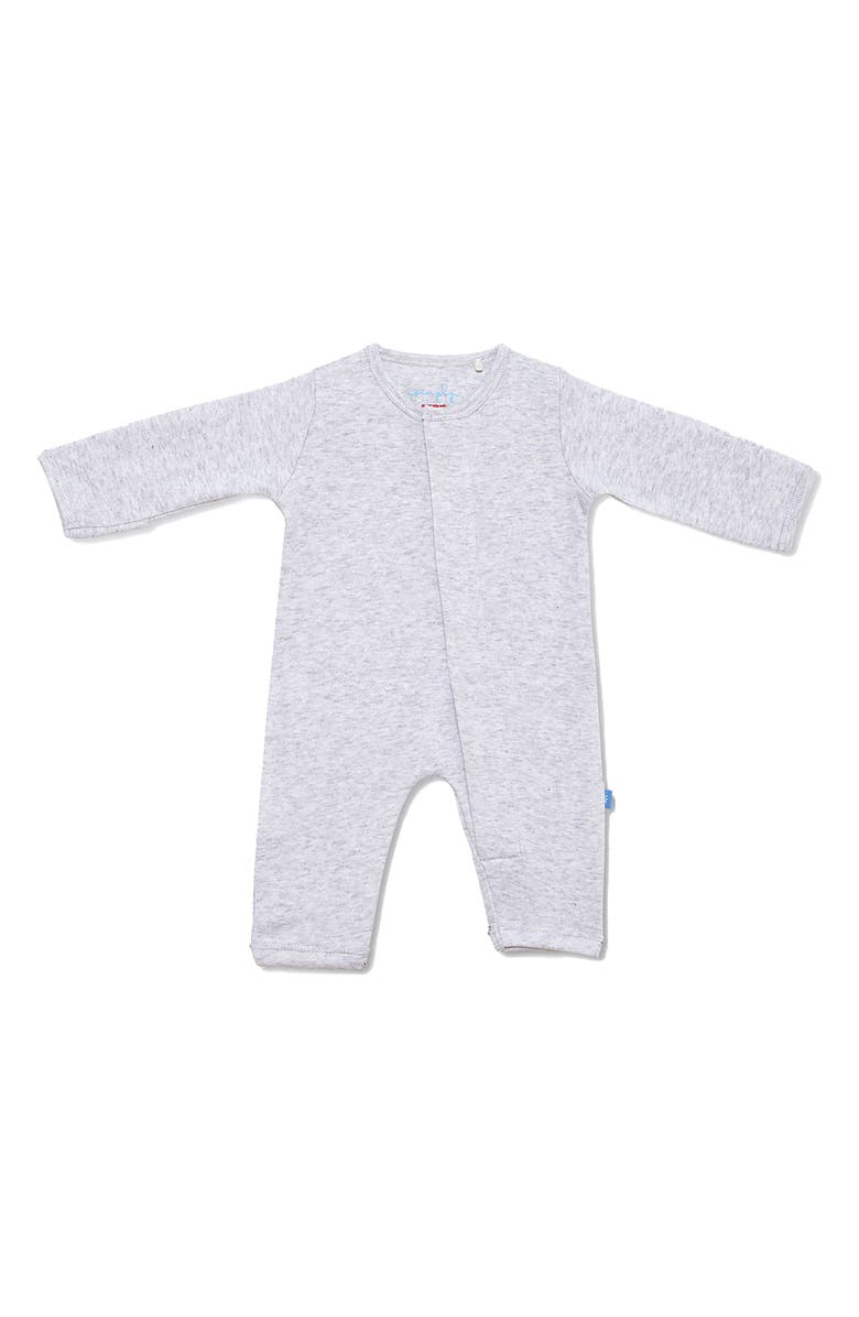 Magnetic Me Simply Light Grey Mélange Organic Cotton Magnetic Closure Romper, Main, color, Light Gray Melange