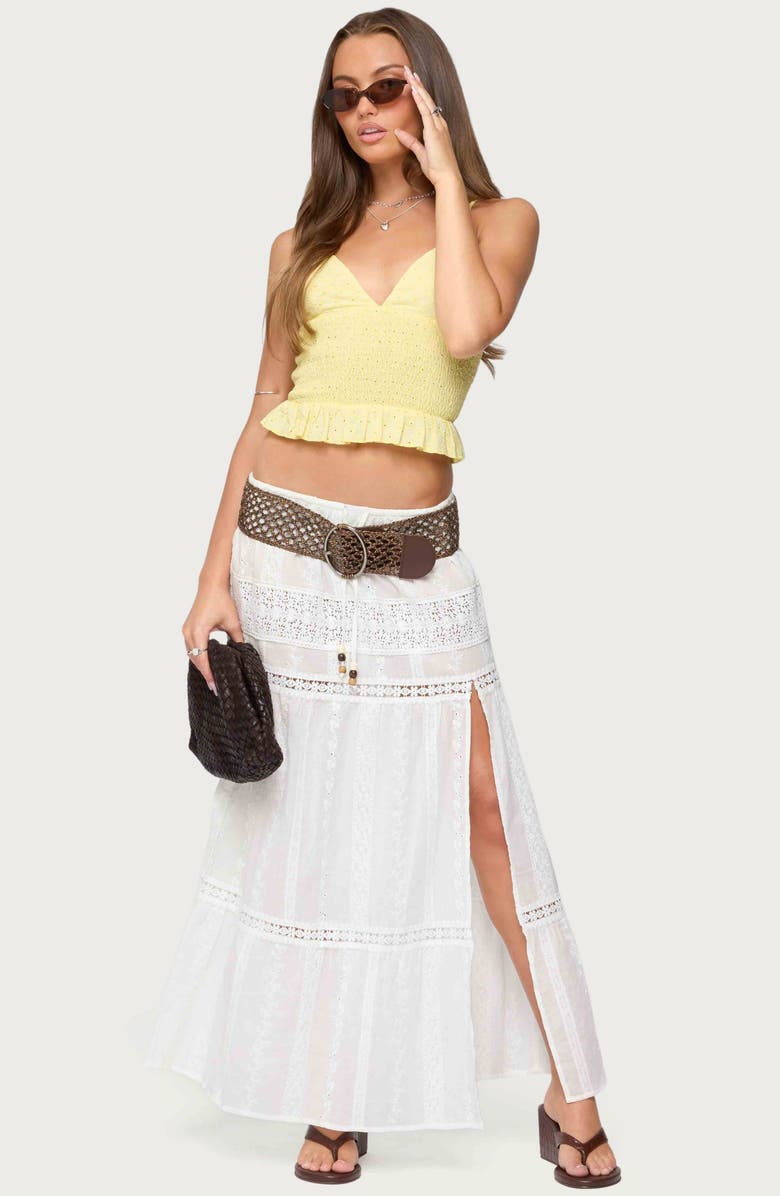 EDIKTED Evy Embroidered Cotton Blend Peplum Crop Top, Alternate, color, Yellow