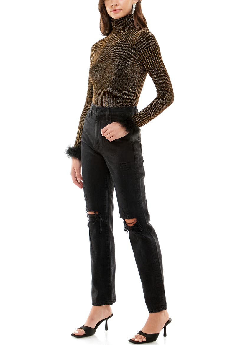 Besos Metallic Turtleneck Bodysuit, Alternate, color, BLACK/ GOLD