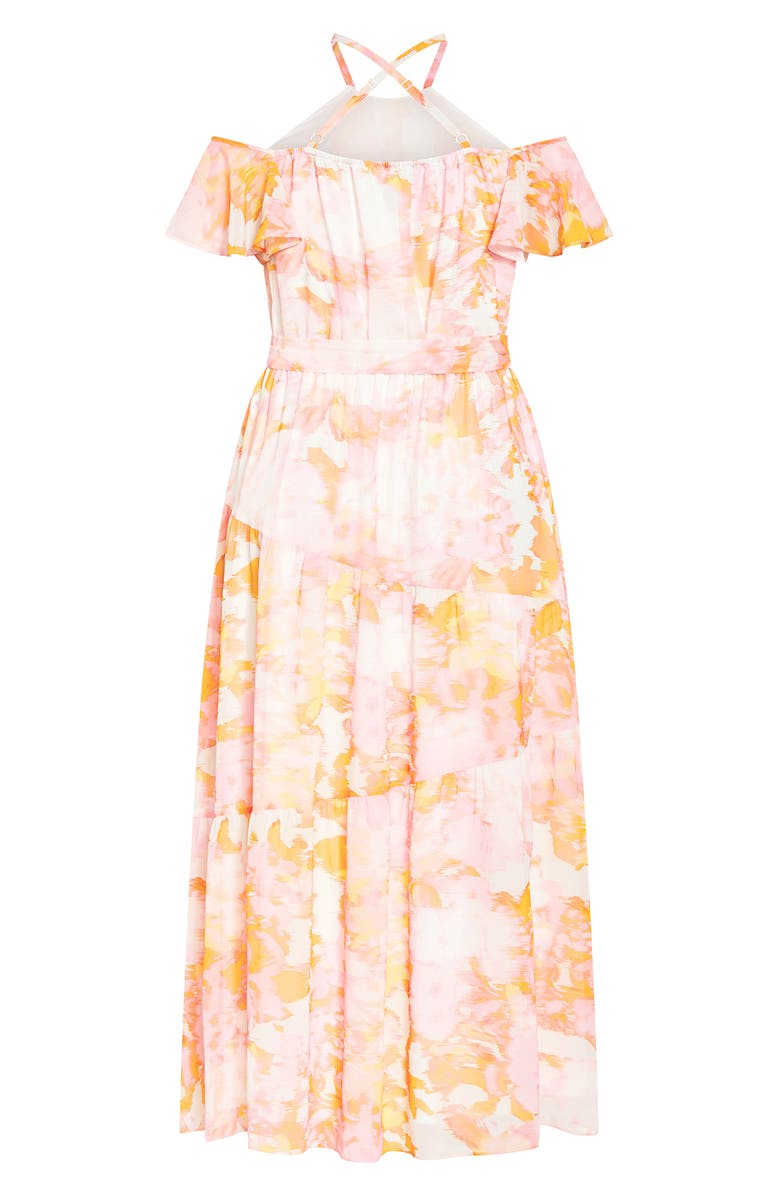 City Chic Vera Cold Shoulder Maxi Dress, Alternate, color, Yellow/ Pink Print