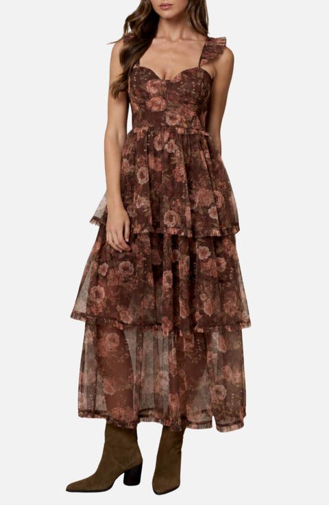 Floral Print Ruffle Strap Tiered Maxi Dress