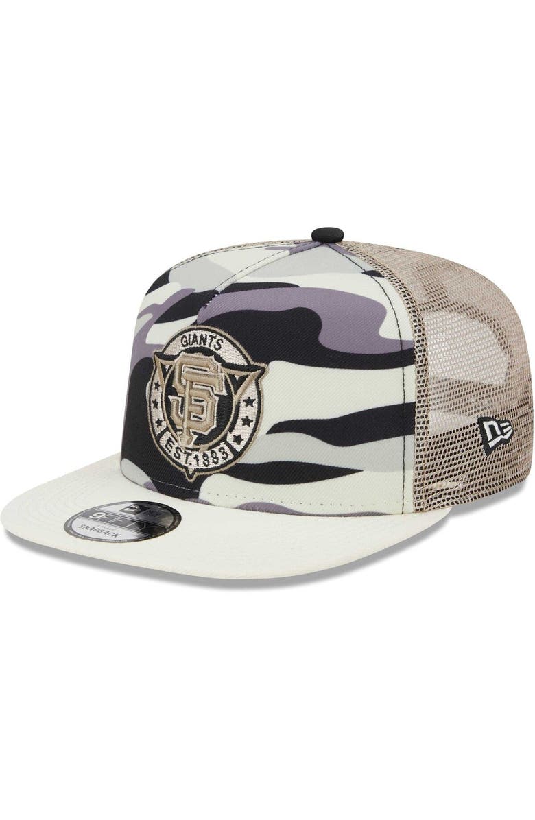 New Era Men's New Era White San Francisco Giants Chrome Camo A-Frame 9FIFTY Trucker Snapback Hat, Alternate, color, White
