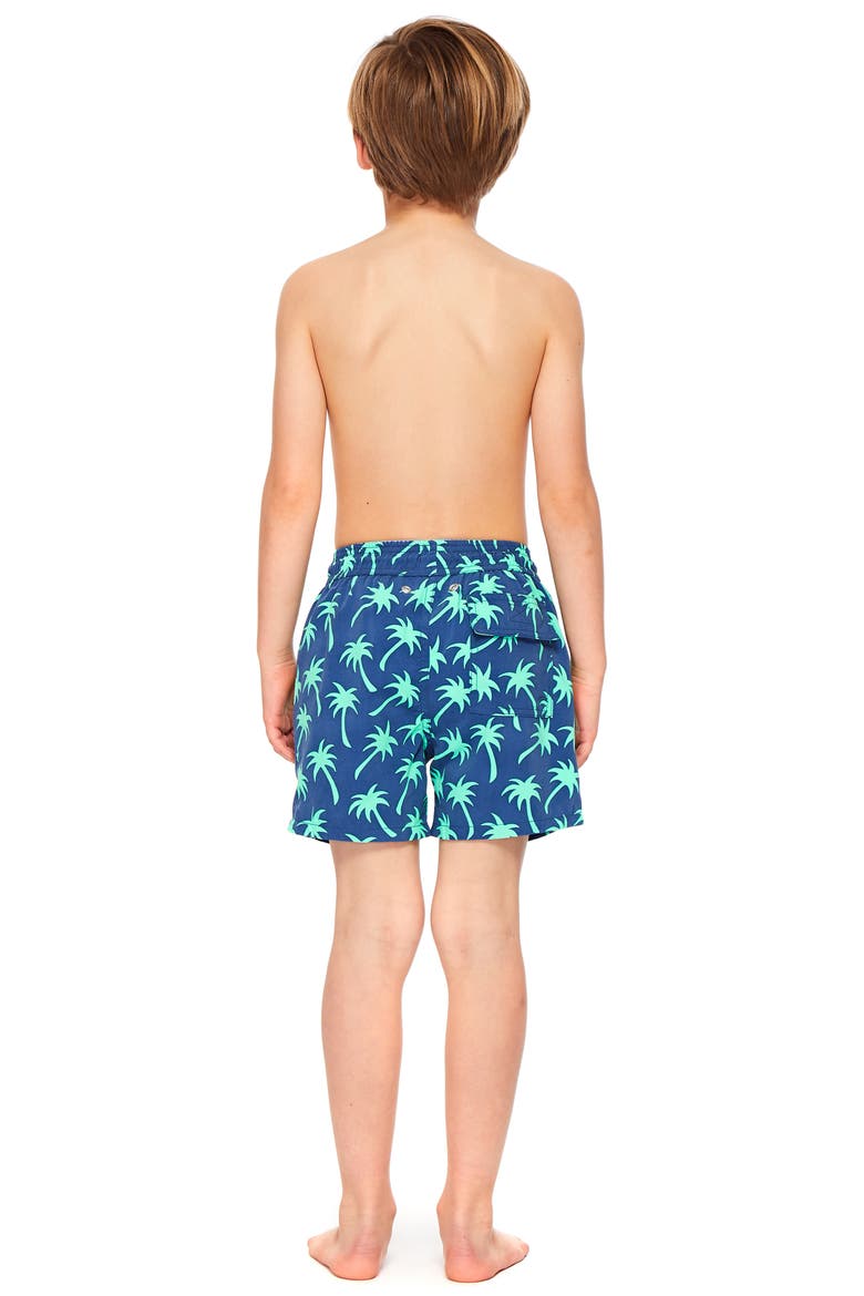 Palm Print Swim Trunks, Alternate, color, NAVY/ SPRING GREEN
