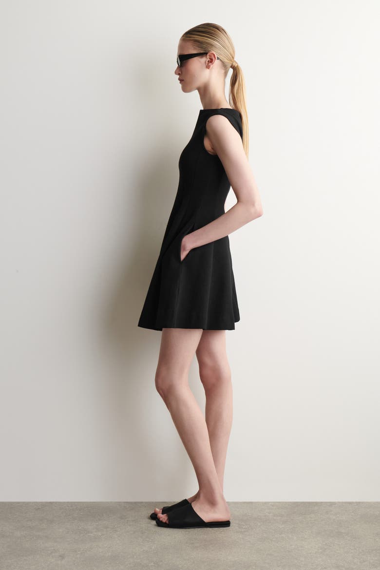 Sculpted Flared Cotton Mini Dress, Alternate, color, BLACK