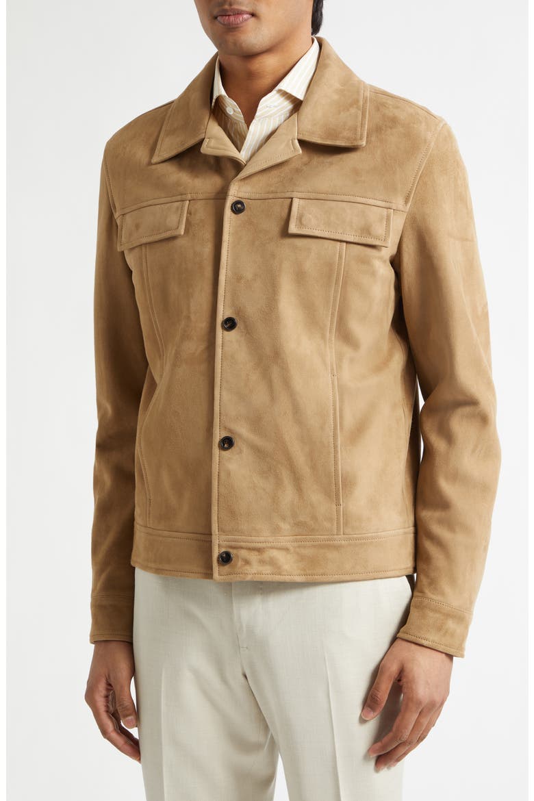 Amelio Aqua Lambskin Suede Jacket, Alternate, color, DARK BEIGE 1