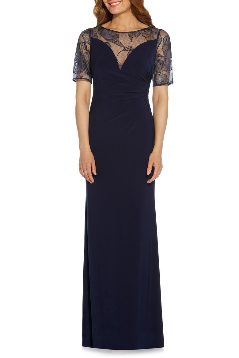 Embroidered Illusion Lace Stretch Jersey Mermaid Gown, Main, color, MIDNIGHT