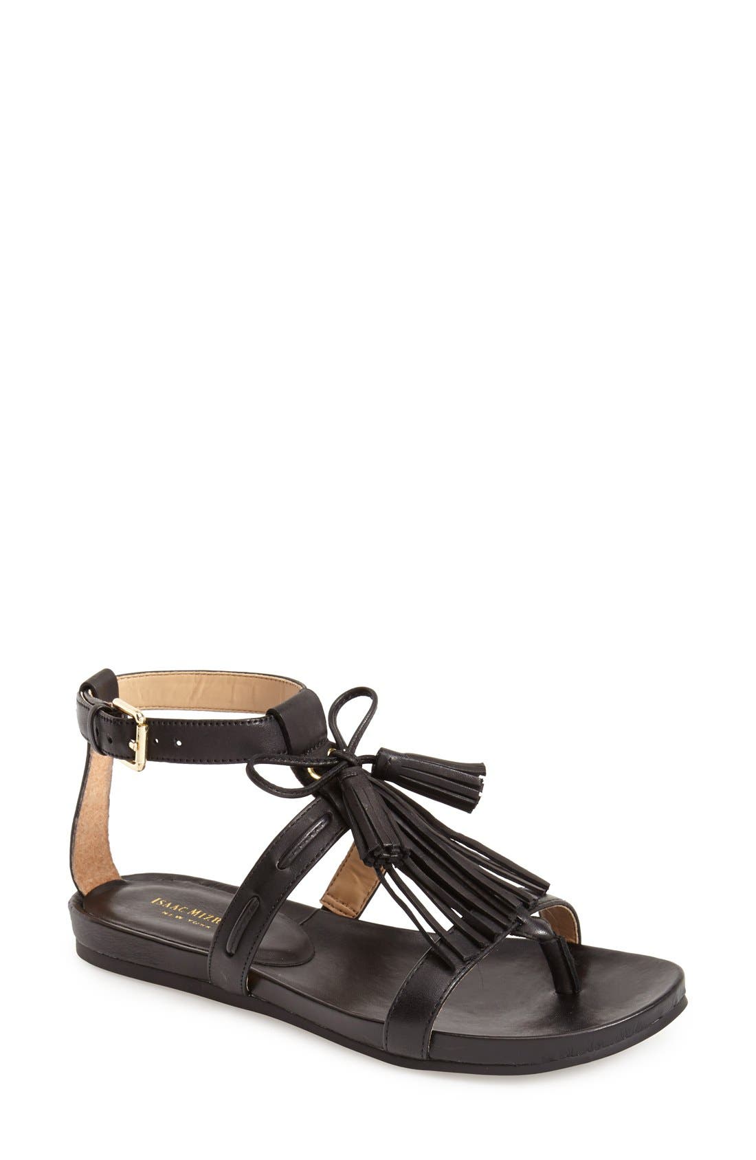 'Primp' Leather Fringe Sandal, Main, color, BLACK LEATHER