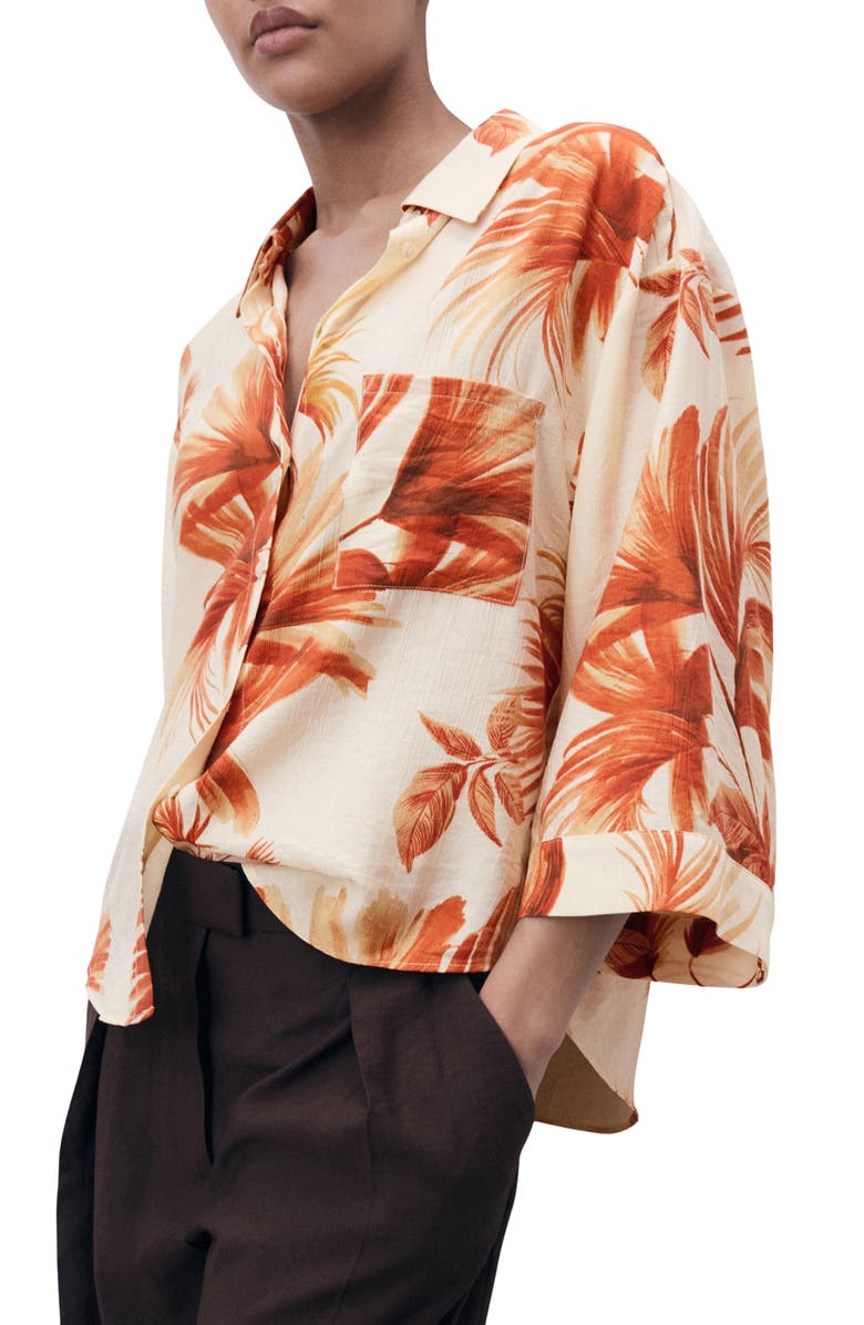 MANGO Palm Tree Print Button-Up Shirt, Main, color, Off White