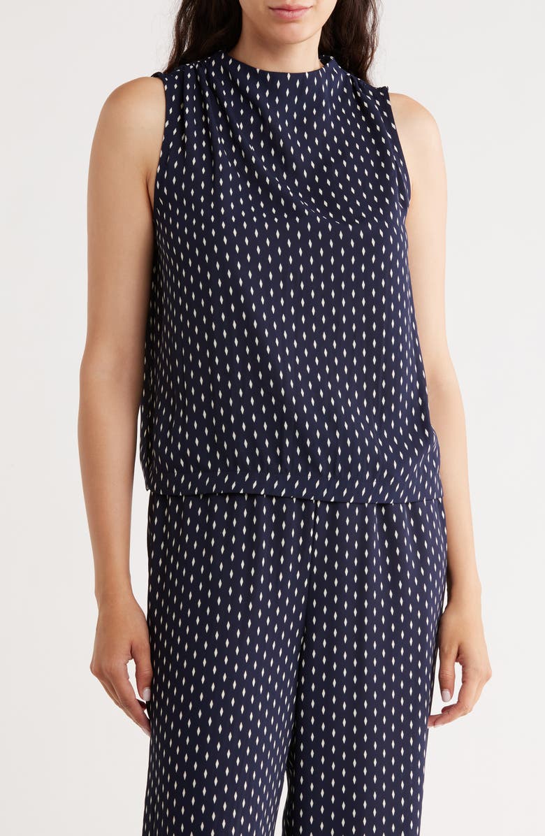 Bobeau Shirred Shoulder Shell, Main, color, Navy Diamond Dot Print