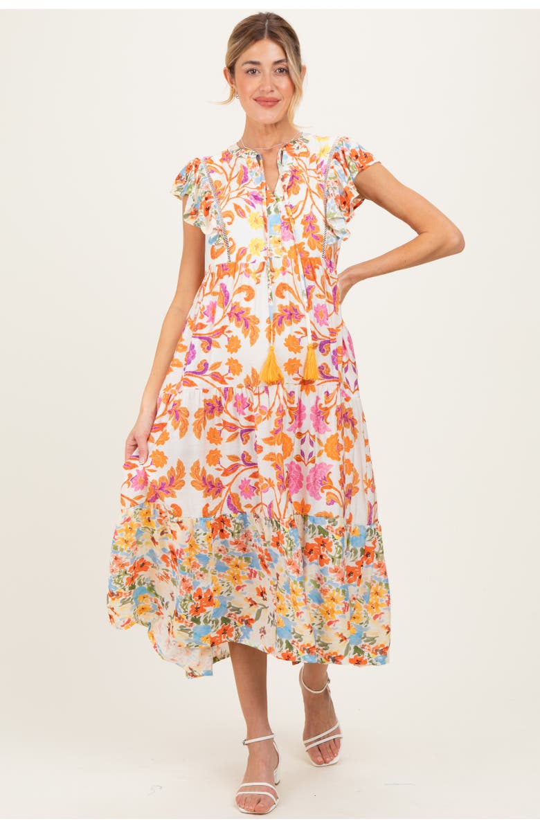 PinkBlush Colorblock Floral Tassel Front Tie Dress, Main, color, Orange