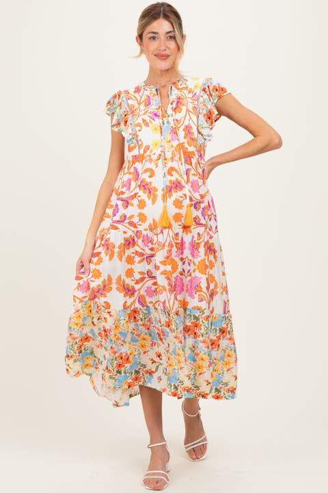 Colorblock Floral Tassel Front Tie Dress