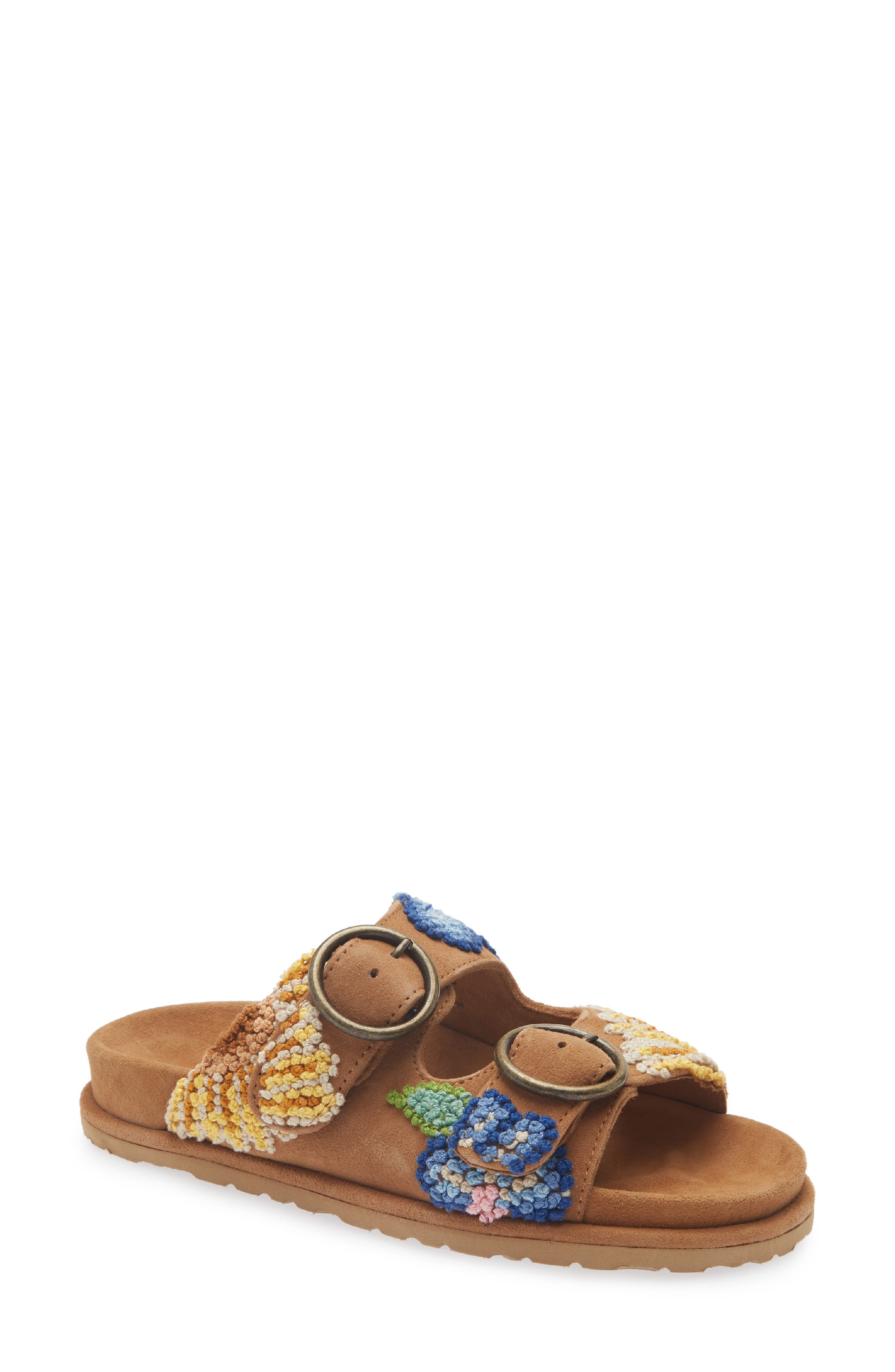 Laidback London Clay Embroidered Slide Sandal, Main, color, Mustard Suede / Multi